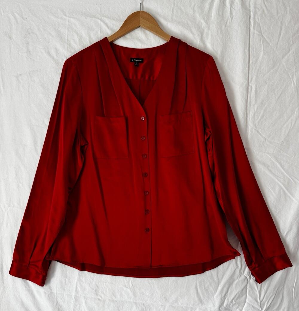 J Peterman Red Silk Charmeuse Button Up Long Sleeve Blouse Top Size 14